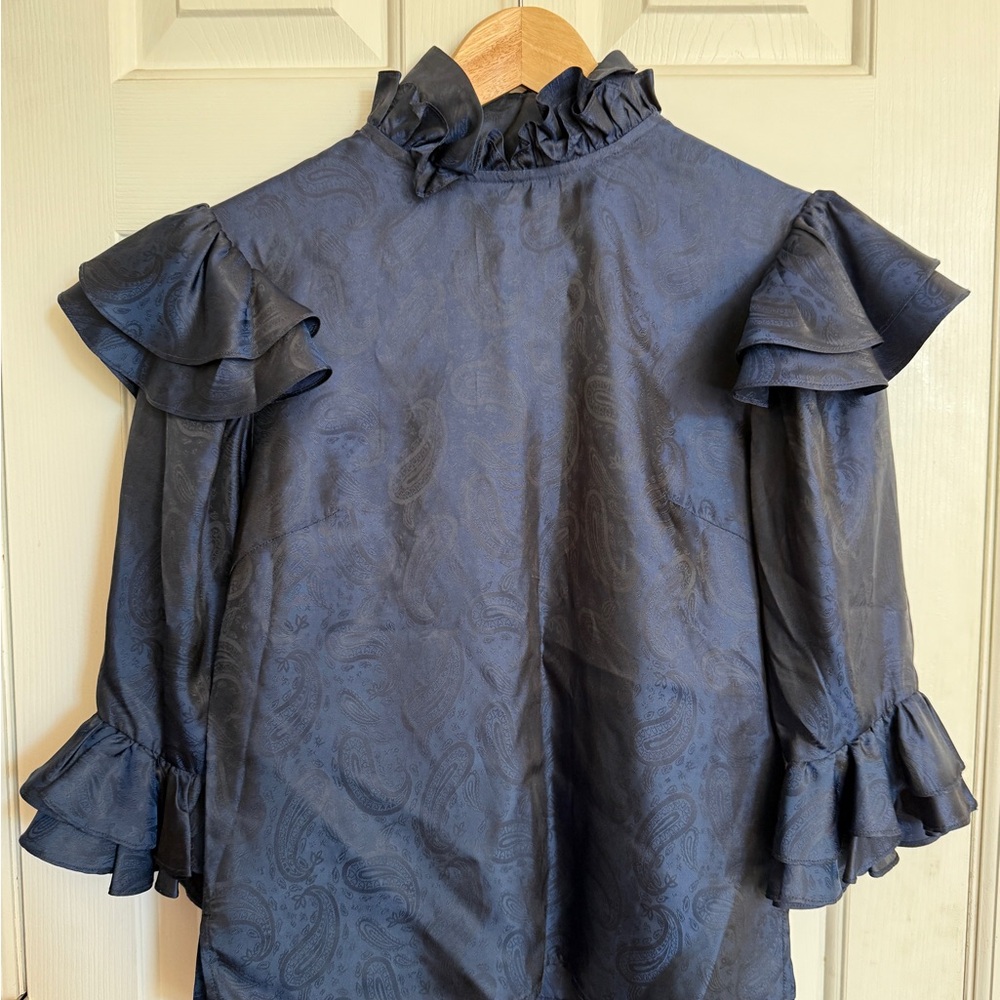 Batsheva Antoinette Navy Paisley Ruffled High-Neck Blouse